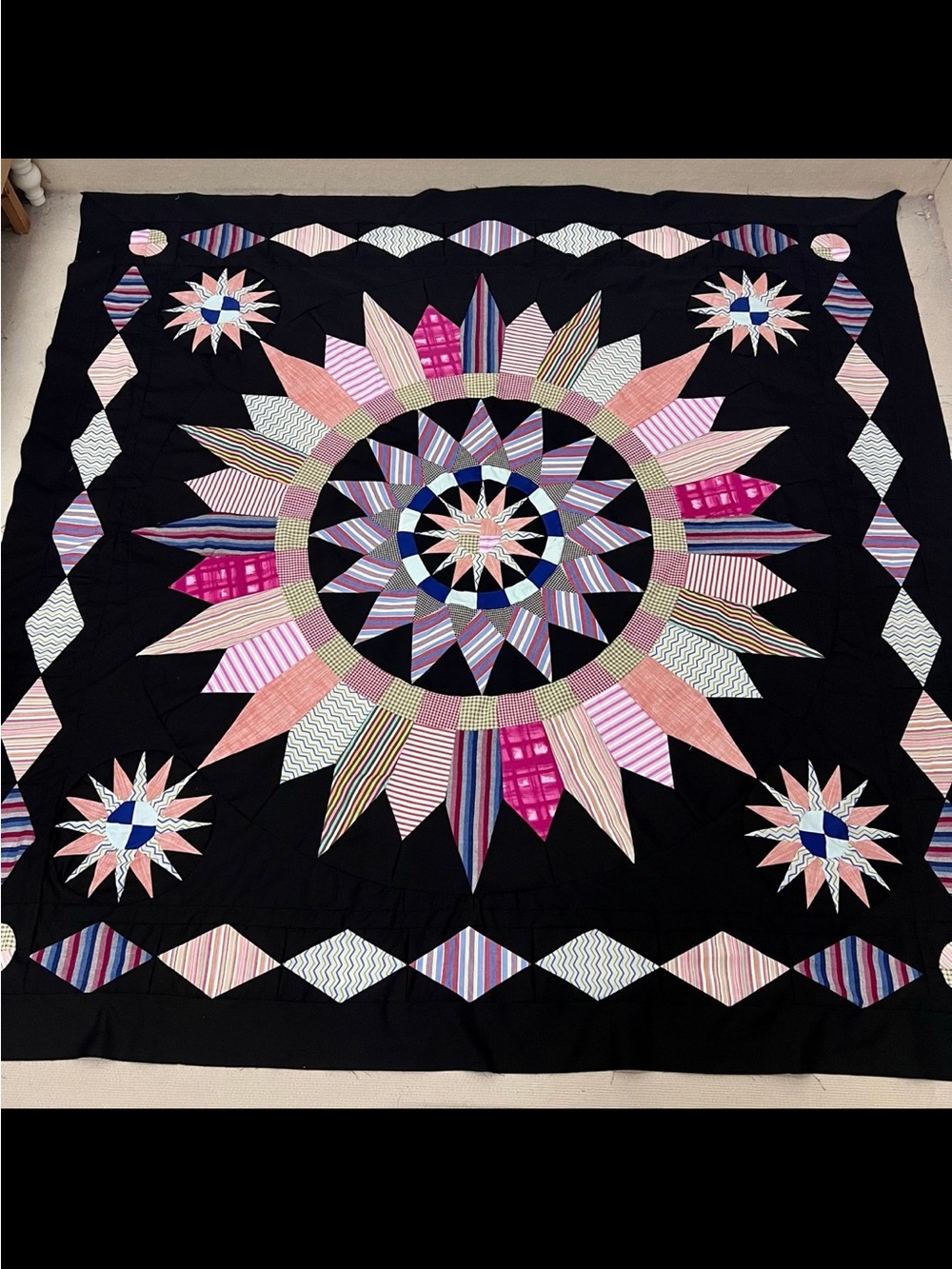 Handmade Black Double Arrow Patchwork Queen size Cotton Quilt Top/Topper